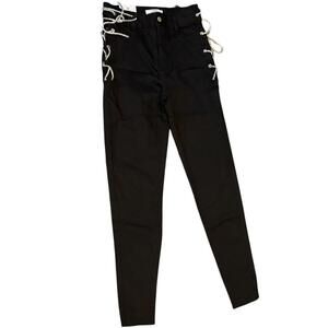 Labijou Black Lace Up Skinny Pants Silver Side Grommets Stretch Fit Size M